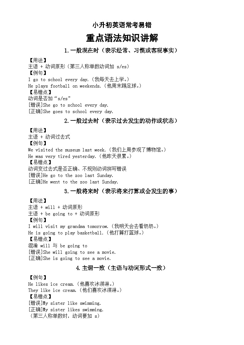 小学英语小升初常考易错重点语法知识讲解（共13个）第1页