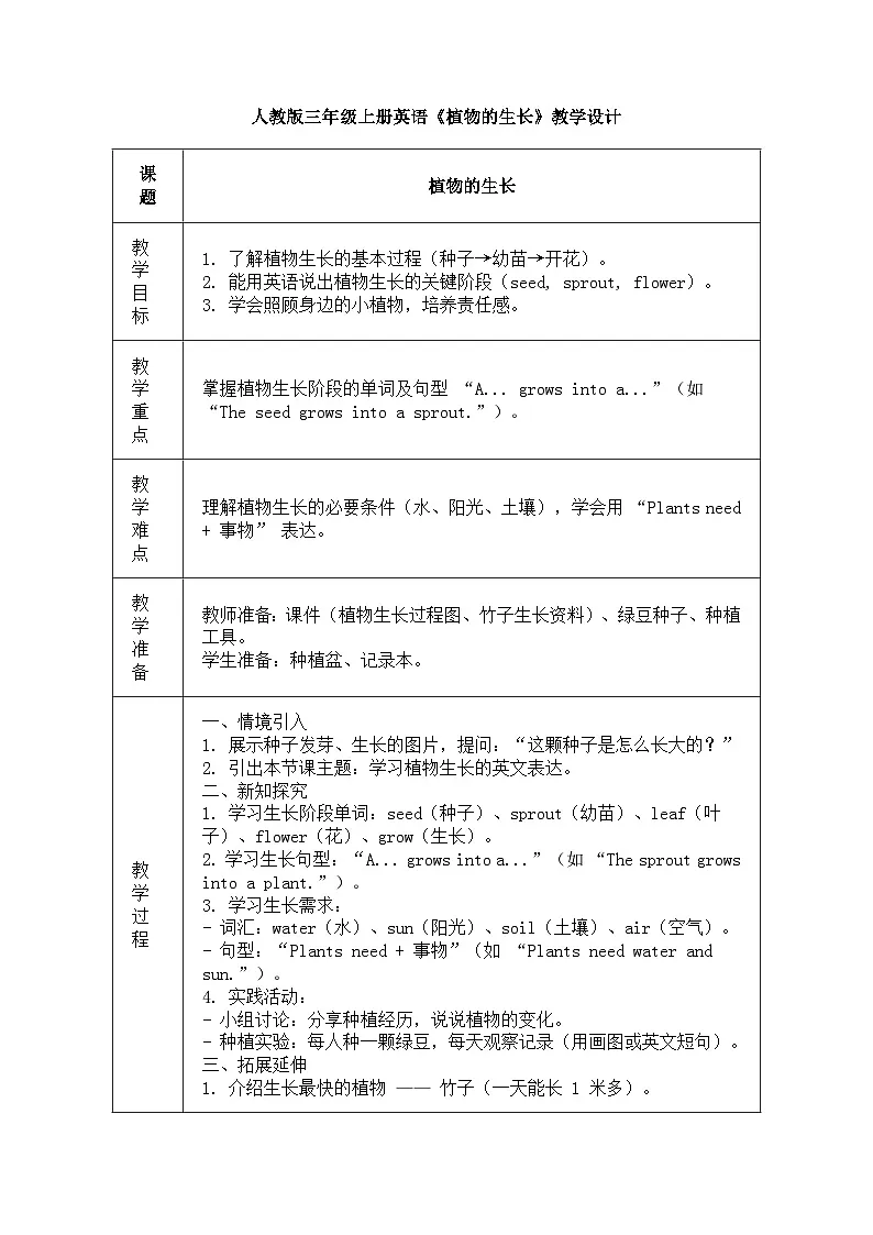 人教版三年级上册英语第十一节课《植物的生长》教案第1页