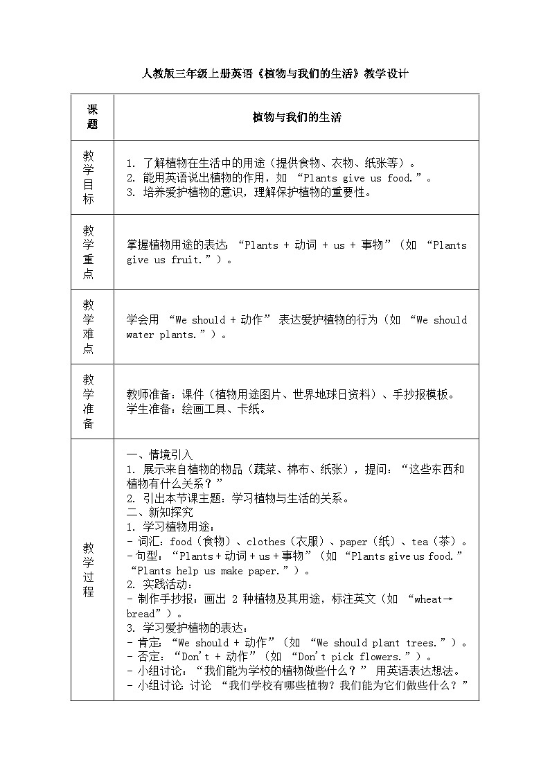 人教版三年级上册英语第十二节课《植物与我们的生活》教案第1页