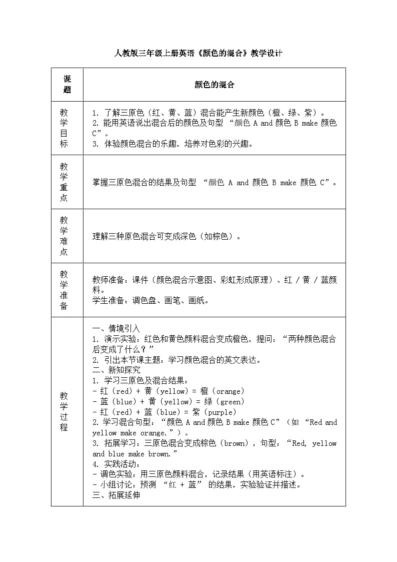 人教版三年级上册英语第十四节课《颜色的混合》教案第1页