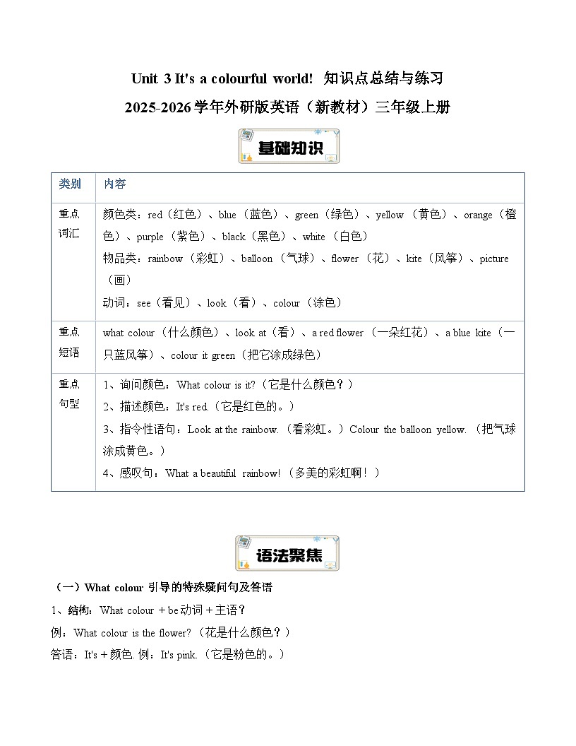 Unit 3 It's a colourful world! 知识点总结与练习 2025-2026学年外研版英语（新教材）三年级上册第1页