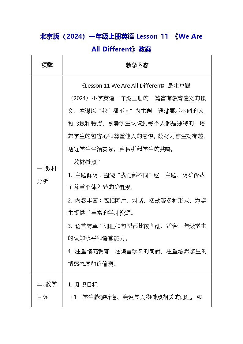 北京版（2024）一年级上册英语Lesson 11 《We Are All Different》教案第1页