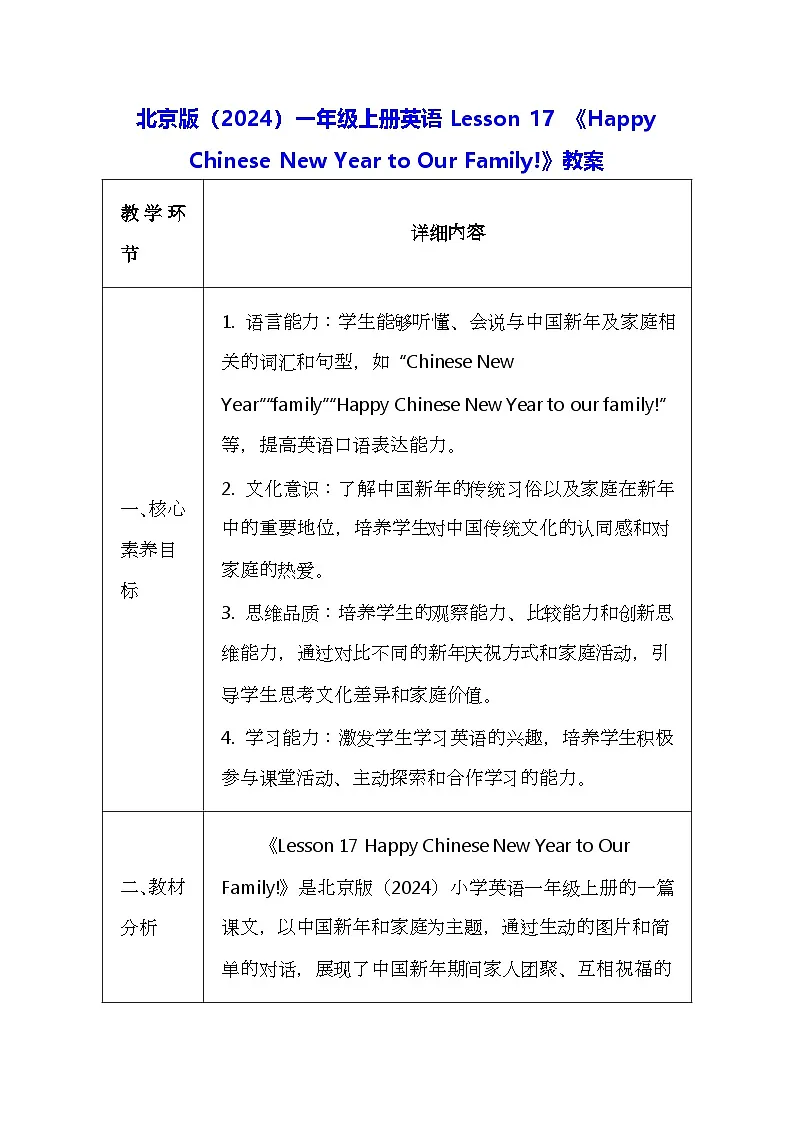 北京版（2024）一年级上册英语Lesson 17 《Happy Chinese New Year to Our Family!》教案第1页
