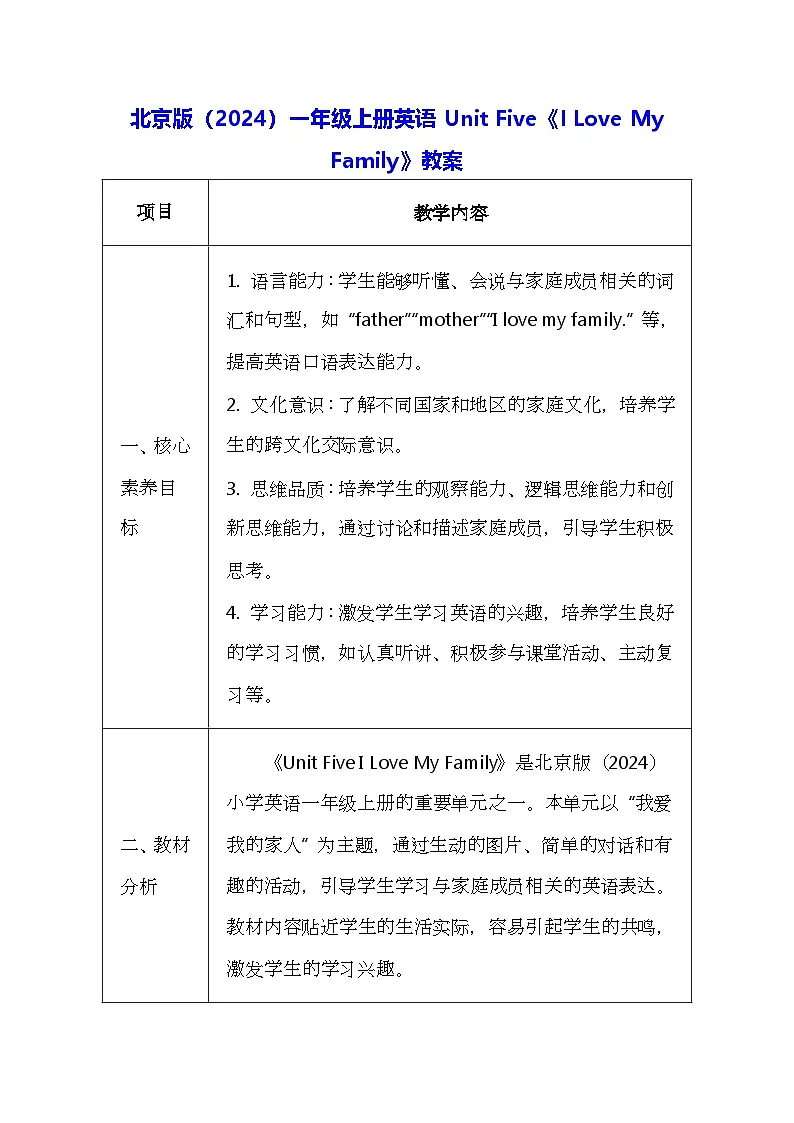 北京版（2024）一年级上册英语Unit Five《I Love My Family》教案第1页