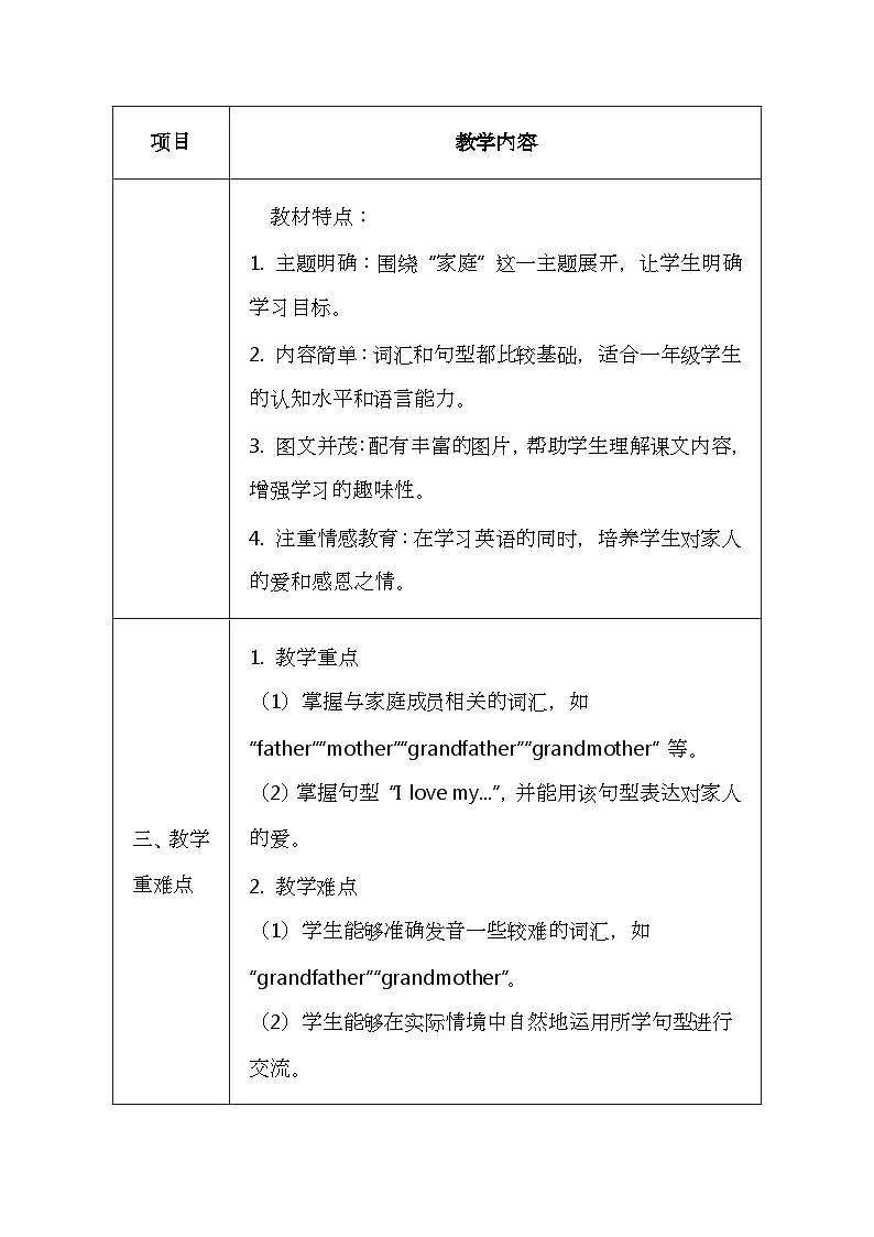 北京版（2024）一年级上册英语Unit Five《I Love My Family》教案第2页