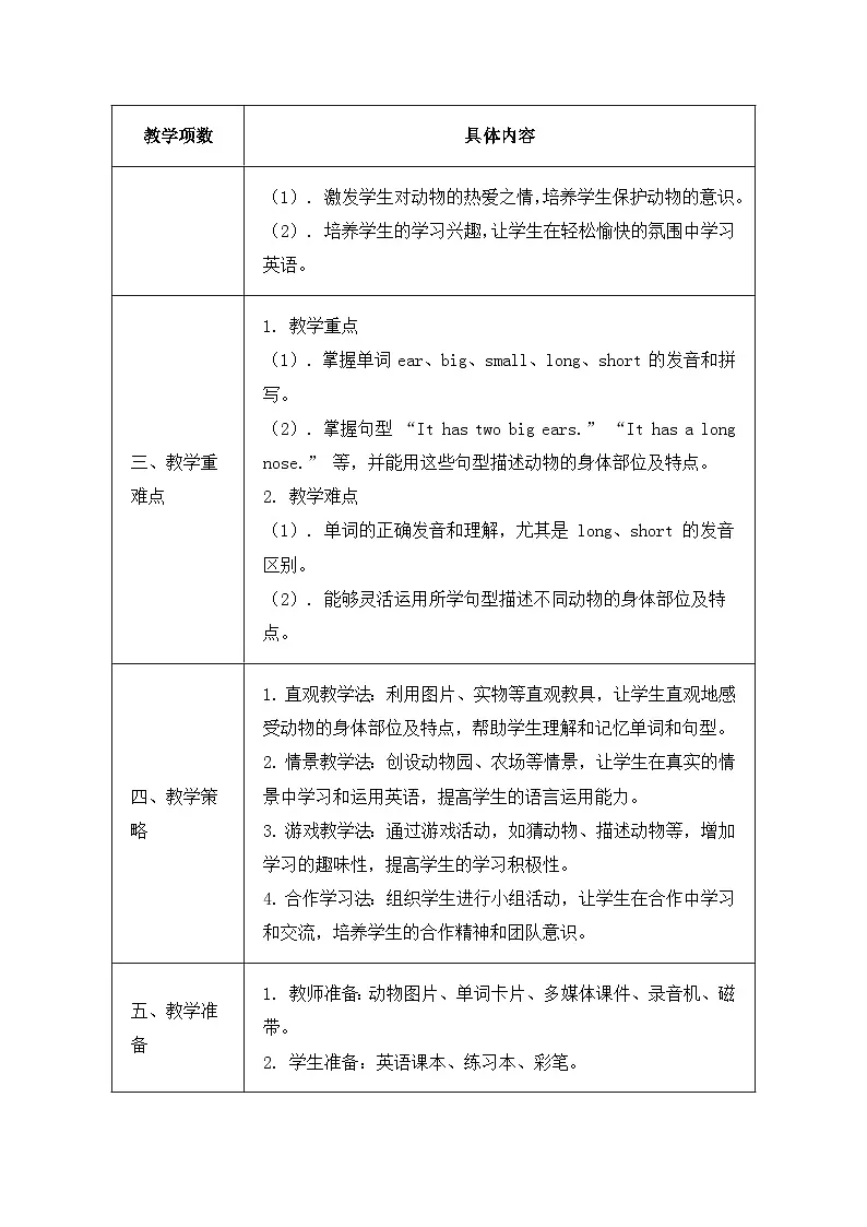 北京版（2024）三年级上册英语Unit 3 Lesson 10 It Has Two Big Ears 教案第2页