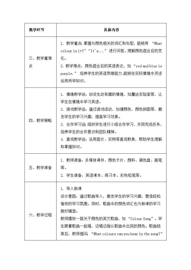 北京版（2024）三年级上册英语Unit 6 Lesson 20 Magic Colours 教案第2页