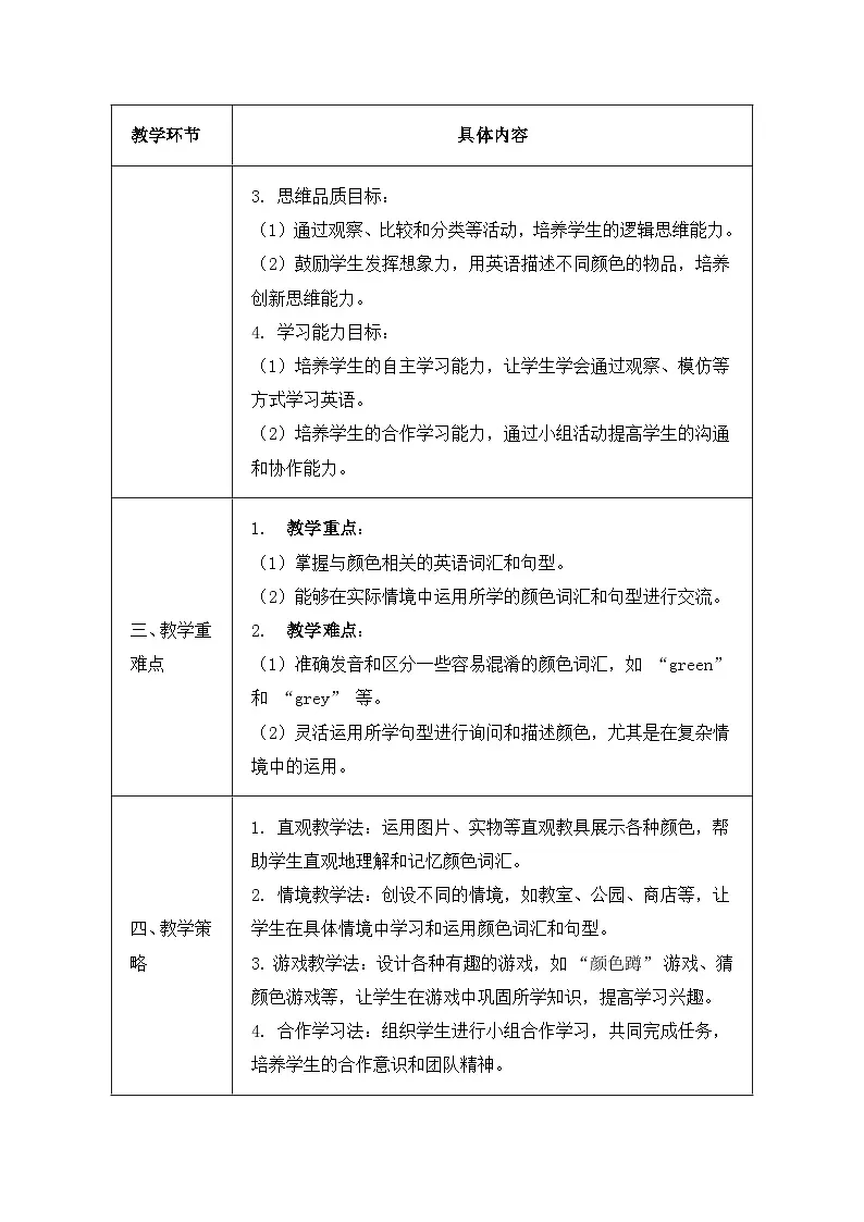 北京版（2024）三年级上册英语Unit Six A Colourful World 教案（表格式）第2页