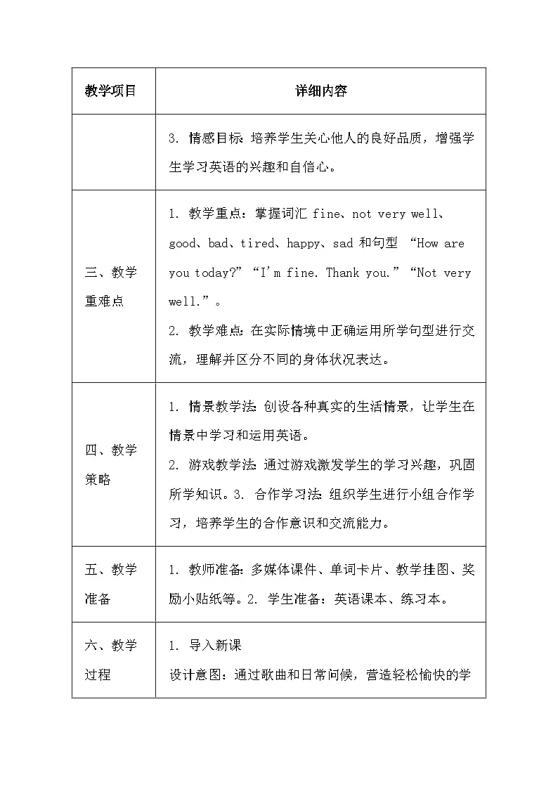 湘鲁版（2024）三年级上册英语《Unit 3 How are you today？》教案（表格式）第2页