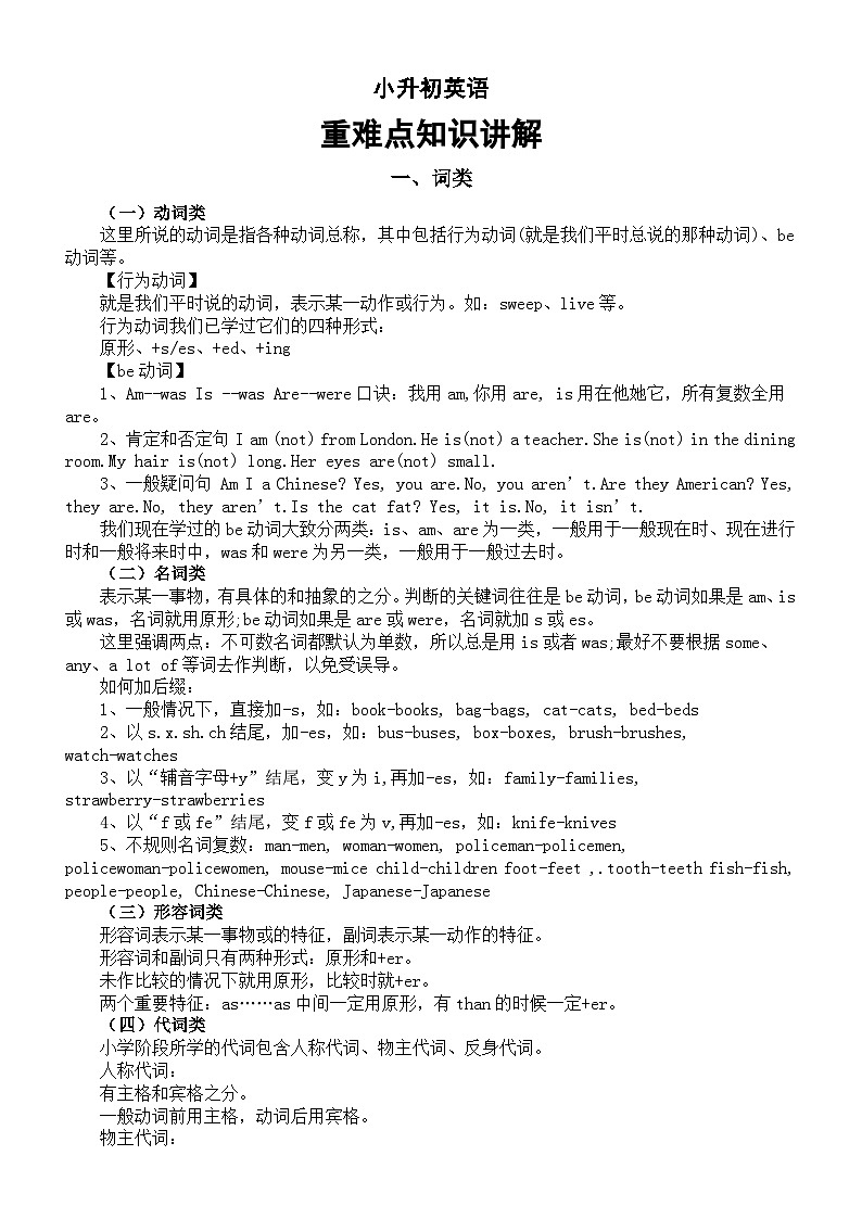 小学英语小升初重难点知识讲解（词类+时态+句类+There be句型）第1页