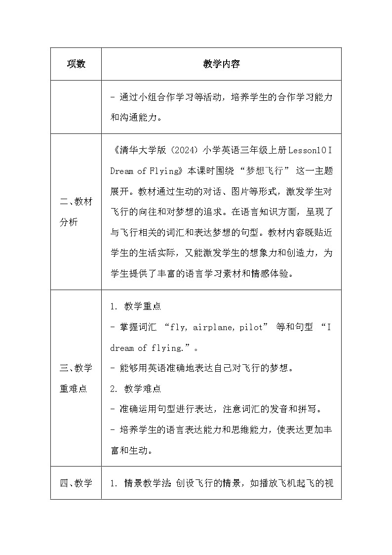 清华大学版（2024）三年级上册英语《Lesson10 I Dream of Flying》教案第2页