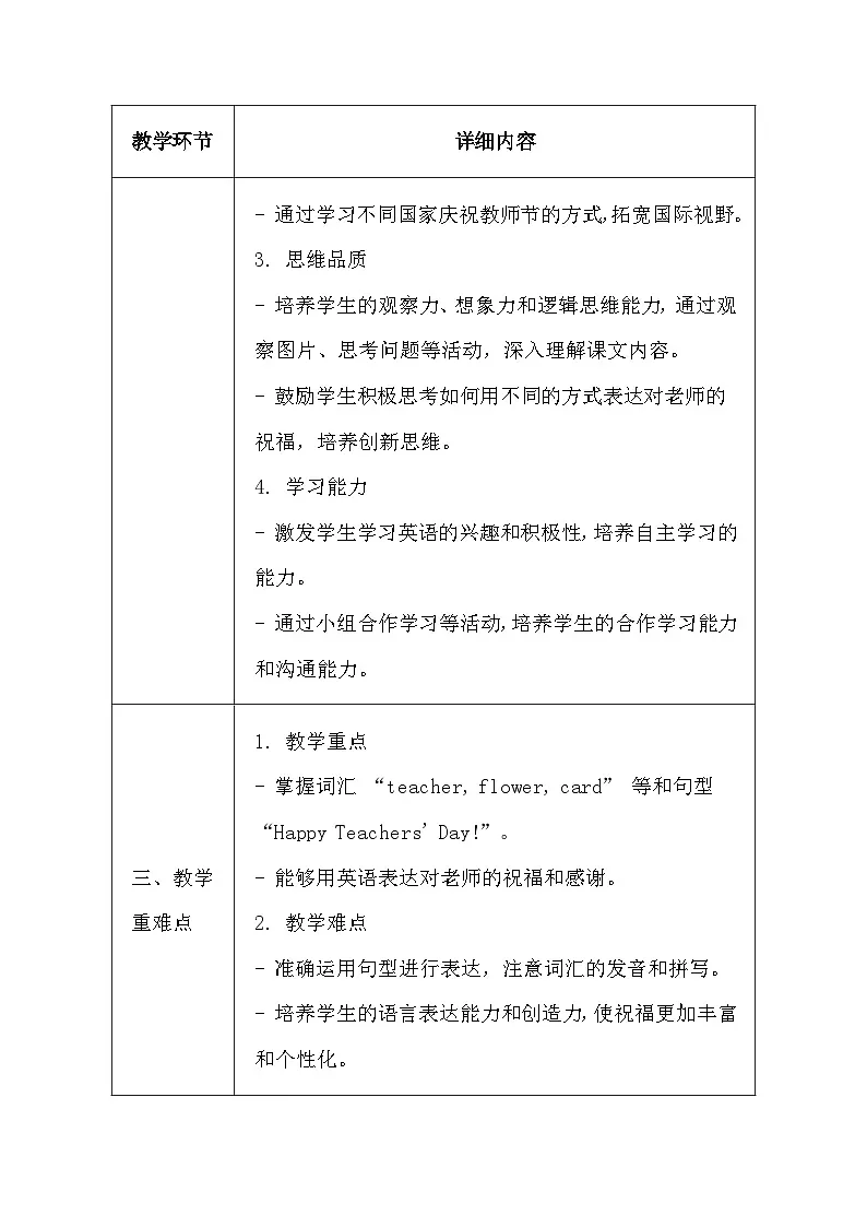 清华大学版（2024）三年级上册英语《Lesson15 Happy Teachers' Day!》教案第2页