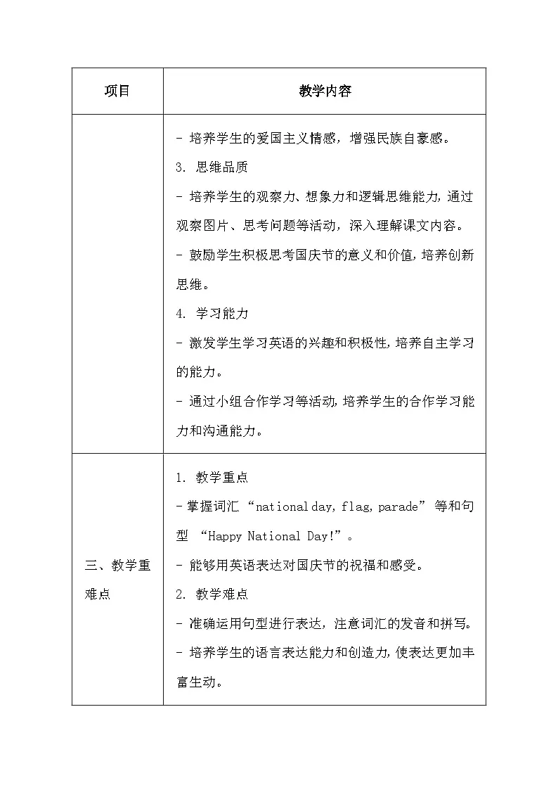 清华大学版（2024）三年级上册英语《Lesson16 Happy National Day!》教案第2页