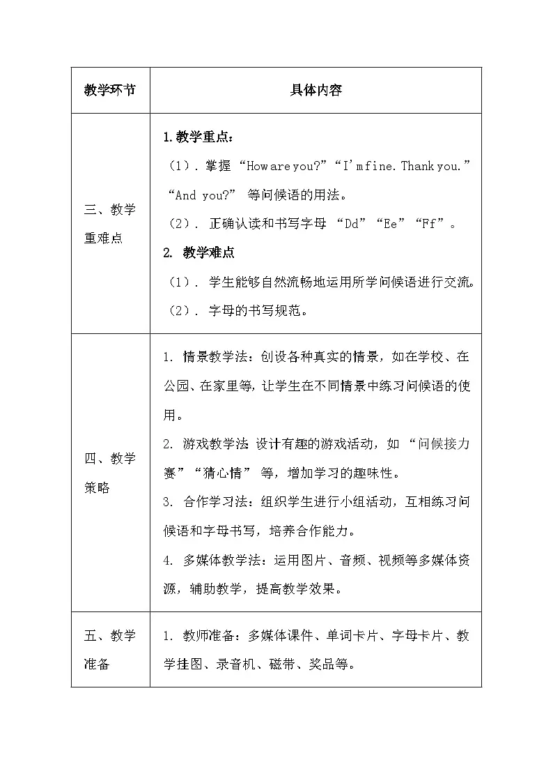 清华大学版（2024）三年级上册英语《Lesson2 How are You？》教案（表格式）第2页