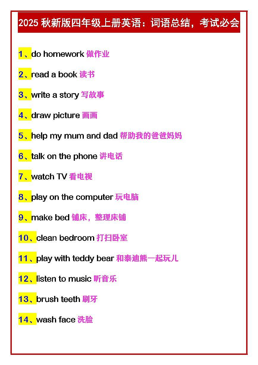 【2025秋新版】四年级上册英语期末专项练习词语总结第1页