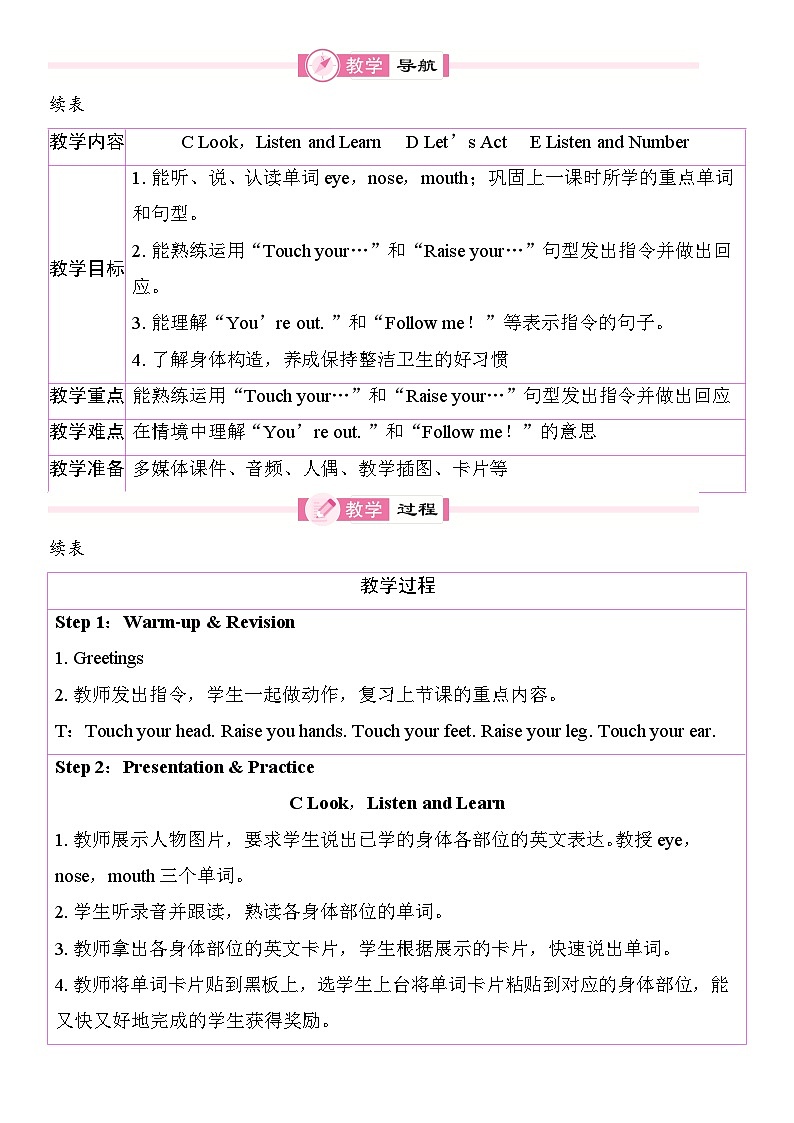 Unit 6  Touch your head 教案 2025-2026学年度湘少版英语三年级上册第3页