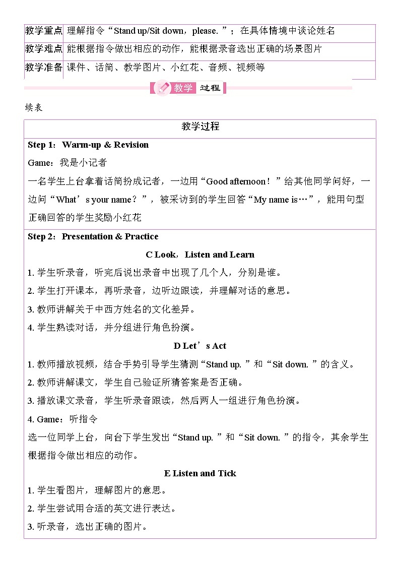Unit 2 What's your name 教案（ 表格式） 2025-2026学年度湘少版英语三年级上册第3页