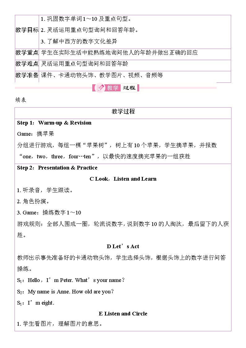 Unit 3 How old are you 教案（ 表格式） 2025-2026学年度湘少版英语三年级上册第3页