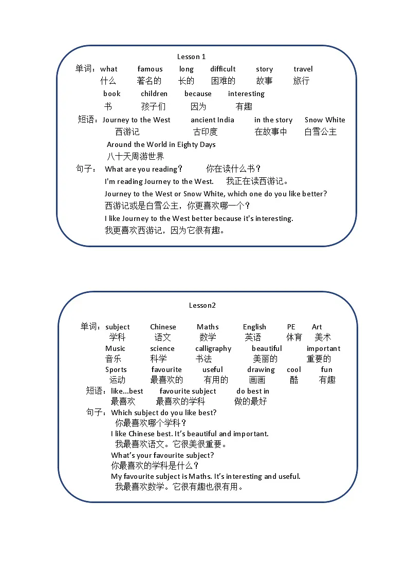 北京版（2024）英语五年级上册课文重点单词，短语，句子（知识清单）第1页