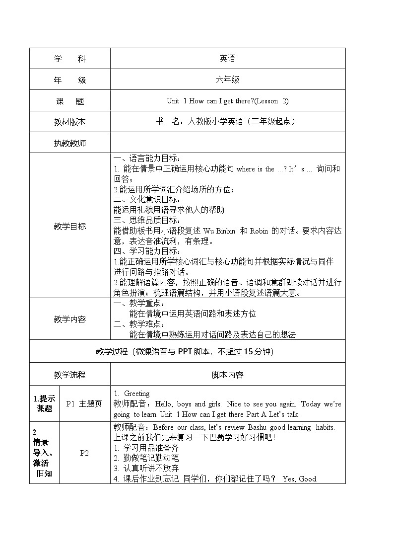 人教PEP英语六年级上册Unit 1 How can I get there_ Part A Let’s talk（教案）第1页