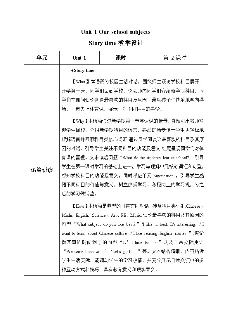 译林版三起英语四年级上册 Unit 1 第2课时 Story time 同步教案第1页