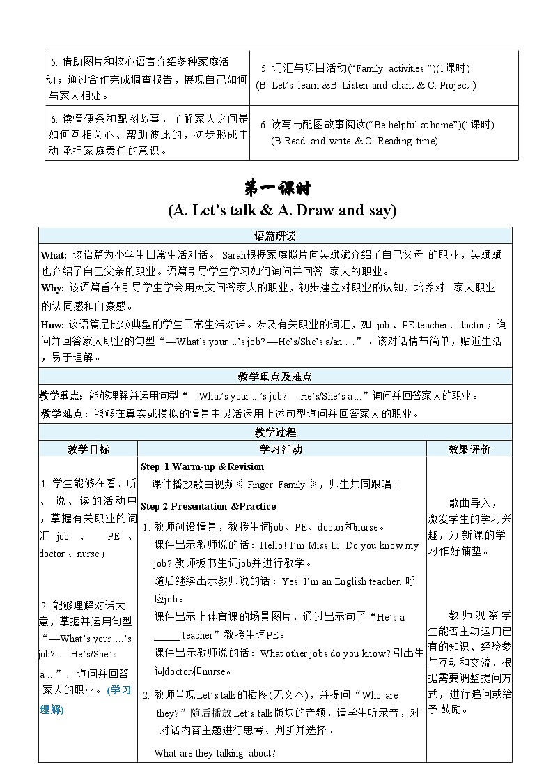 Unit 1 Helping at home第1课时 A Let's talk ＆ Draw and say教案 2025-2026学年人教版四年级英语上册第3页