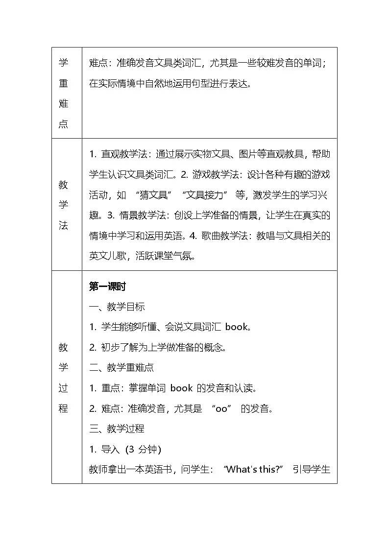 人教PEP版（一起）（2024）一年级上册英语Unit4 Ready for school教案（表格式）第2页