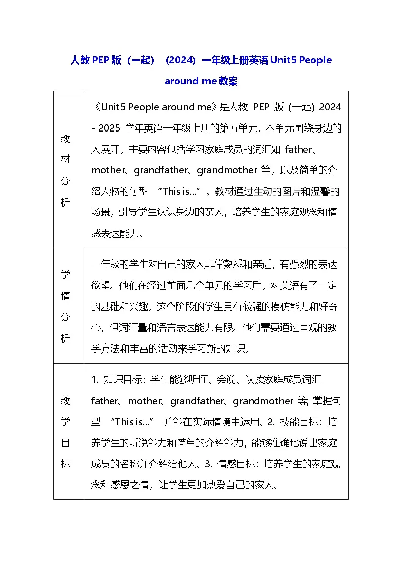 人教PEP版（一起）（2024）一年级上册英语Unit5 People around me教案（表格式）第1页