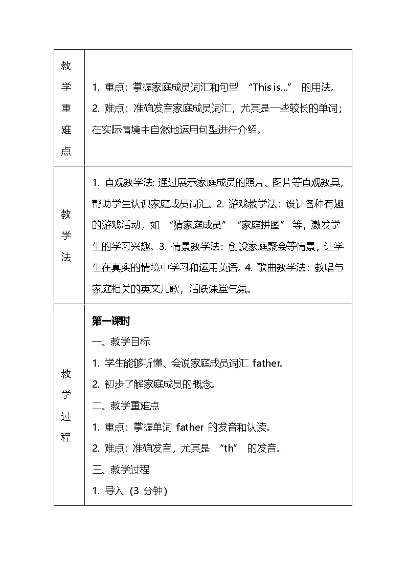 人教PEP版（一起）（2024）一年级上册英语Unit5 People around me教案（表格式）第2页