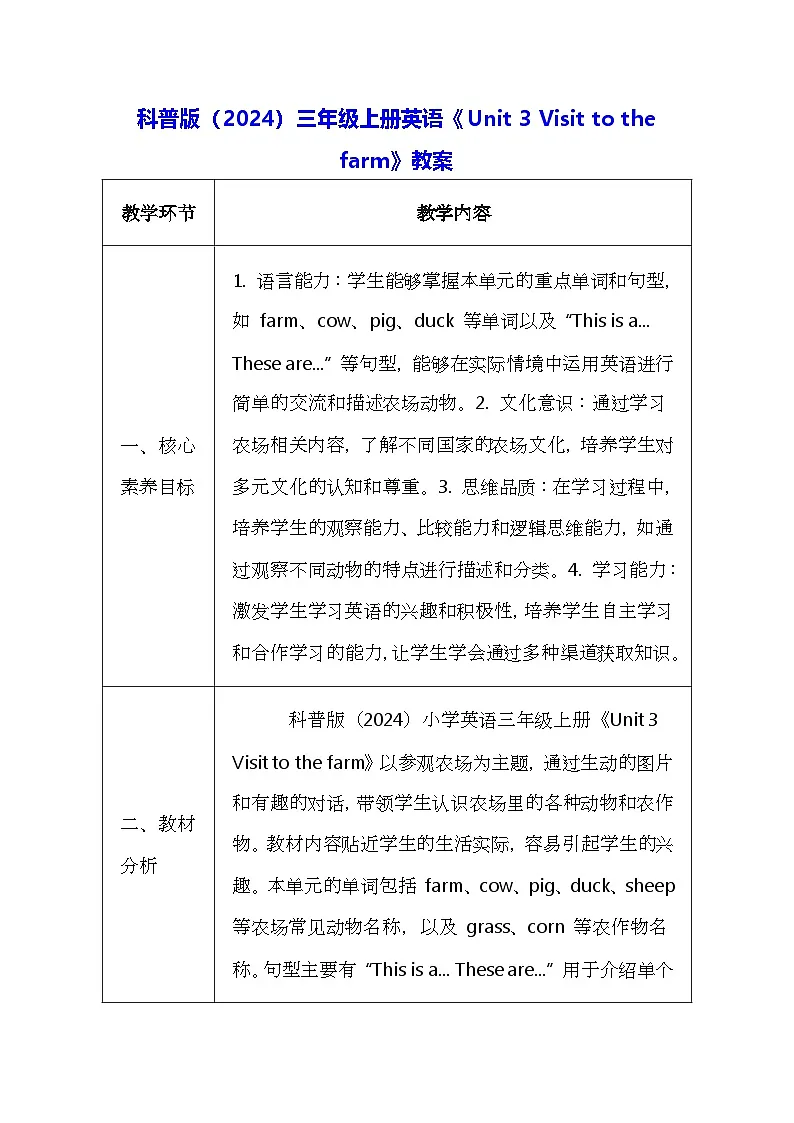 科普版（2024）三年级上册英语《Unit 3 Visit to the farm》教案（表格式）第1页