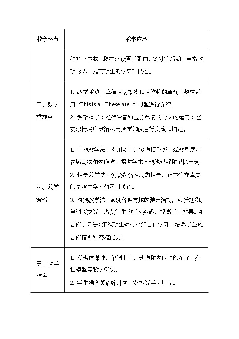 科普版（2024）三年级上册英语《Unit 3 Visit to the farm》教案（表格式）第2页