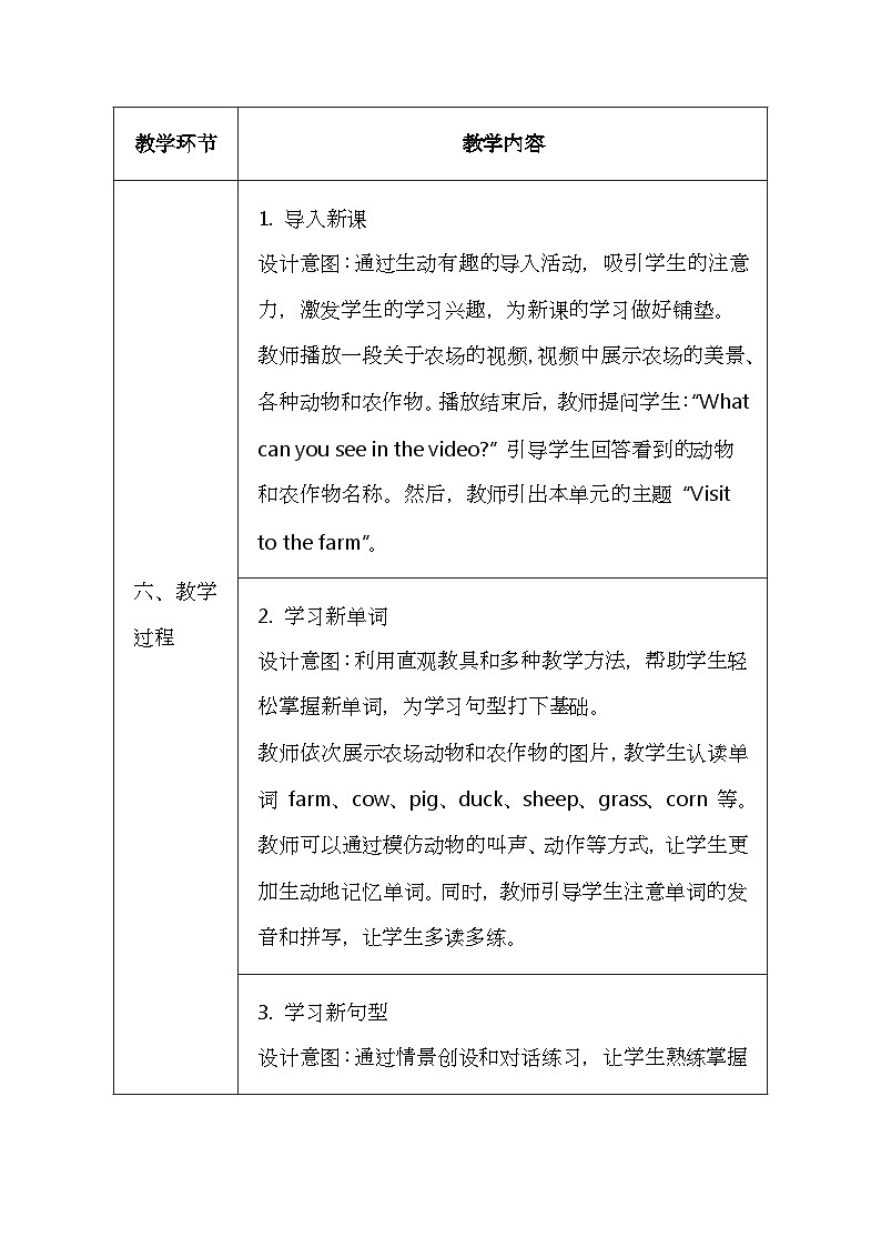 科普版（2024）三年级上册英语《Unit 3 Visit to the farm》教案（表格式）第3页