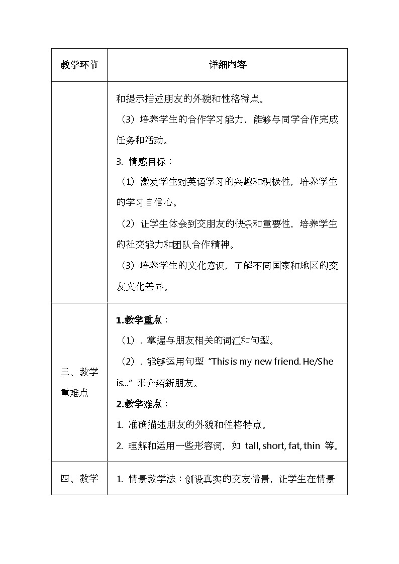 科普版（2024）三年级上册英语《Unit 10 My new friends》教案（表格式）第2页