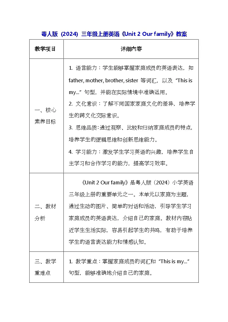 粤人版（2024）三年级上册英语《Unit 2 Our family》教案（表格式）第1页