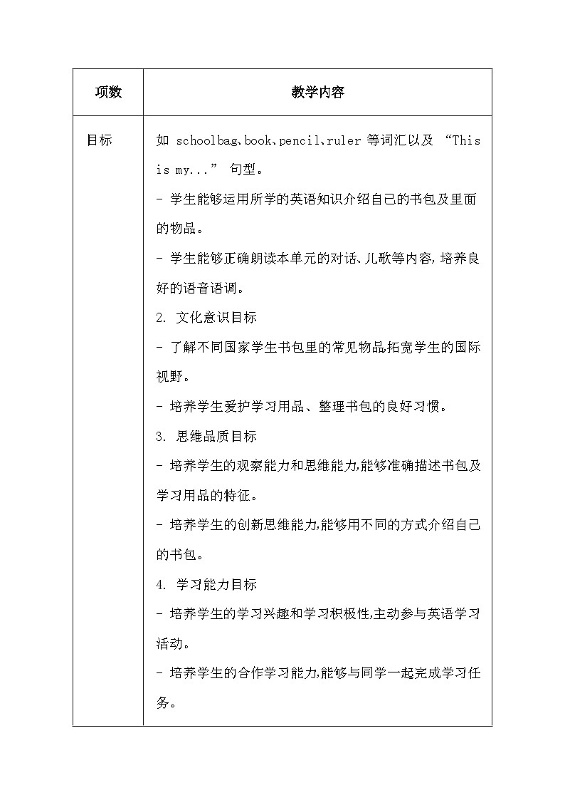 沪教版（五四制）（2024）一年级上册英语Unit 3 My schoolbag教案（表格式）第2页