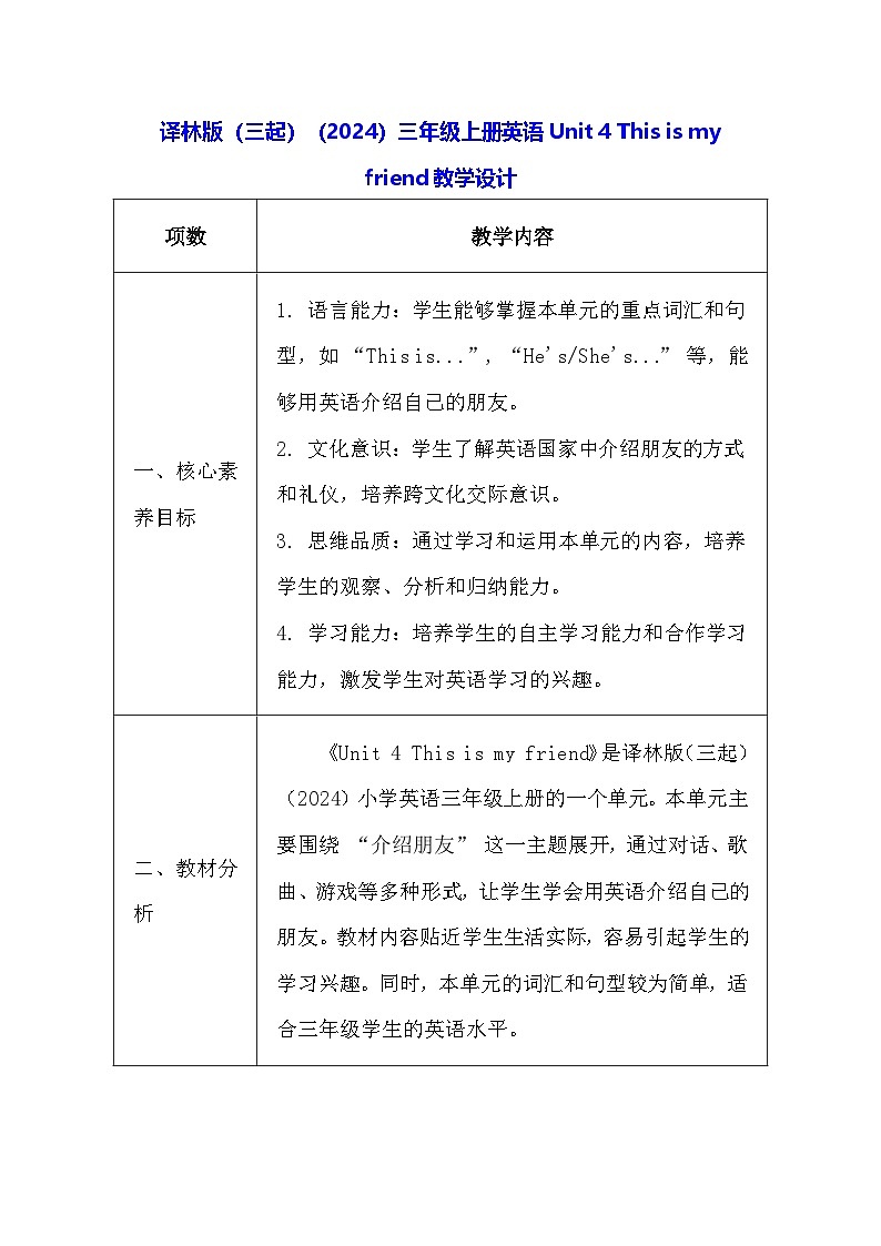 译林版（三起）（2024）三年级上册英语Unit 4 This is my friend教学设计（表格式）第1页