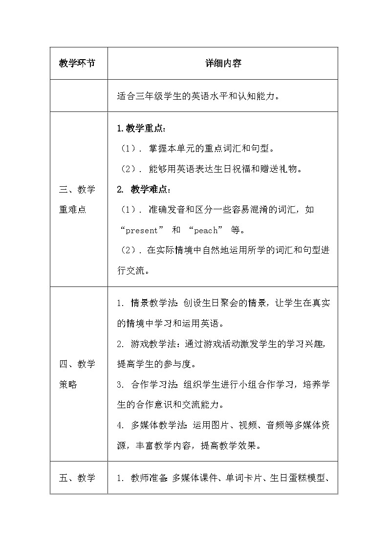 译林版（三起）（2024）三年级上册英语Unit 7 Happy Birthday!教学设计（表格式）第2页