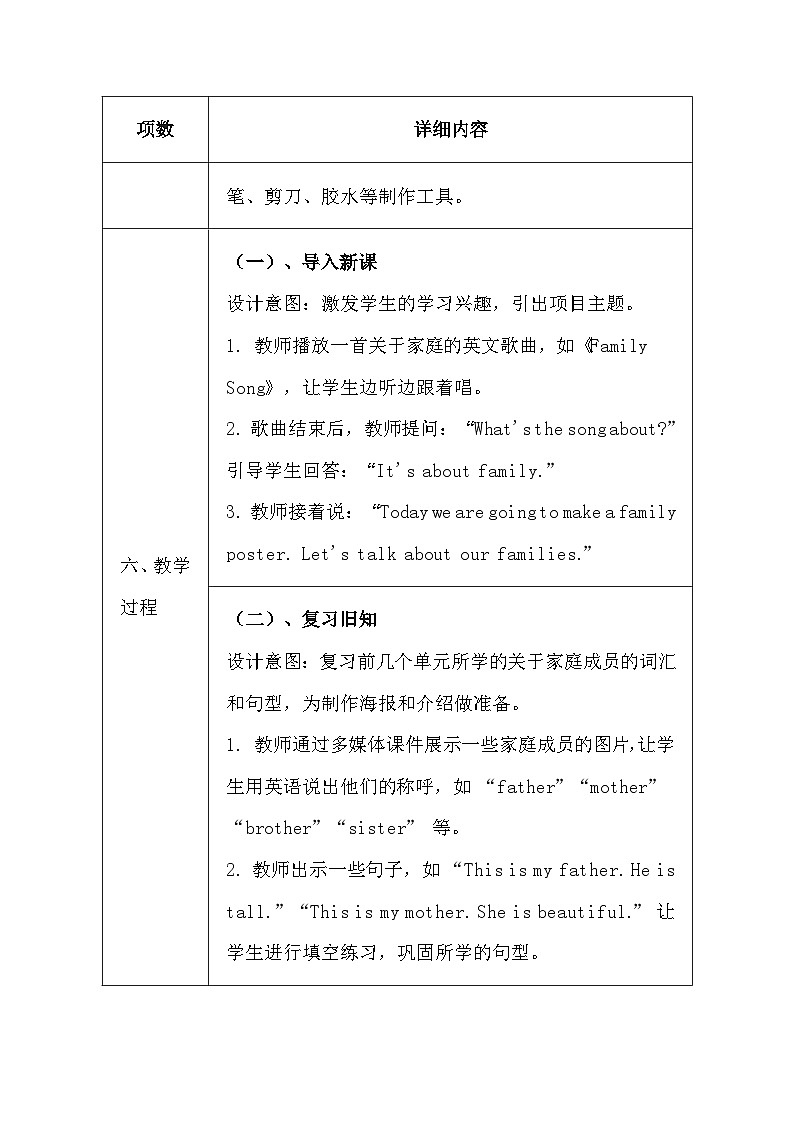 译林版（三起）（2024）三年级上册英语Project 2 My family poster教学设计（表格式）第3页