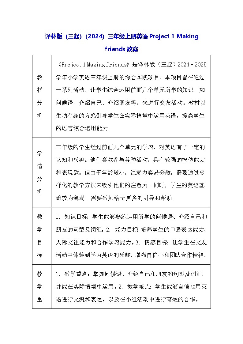 译林版（三起）（2024）三年级上册英语Project 1 Making friends教案（表格式）第1页