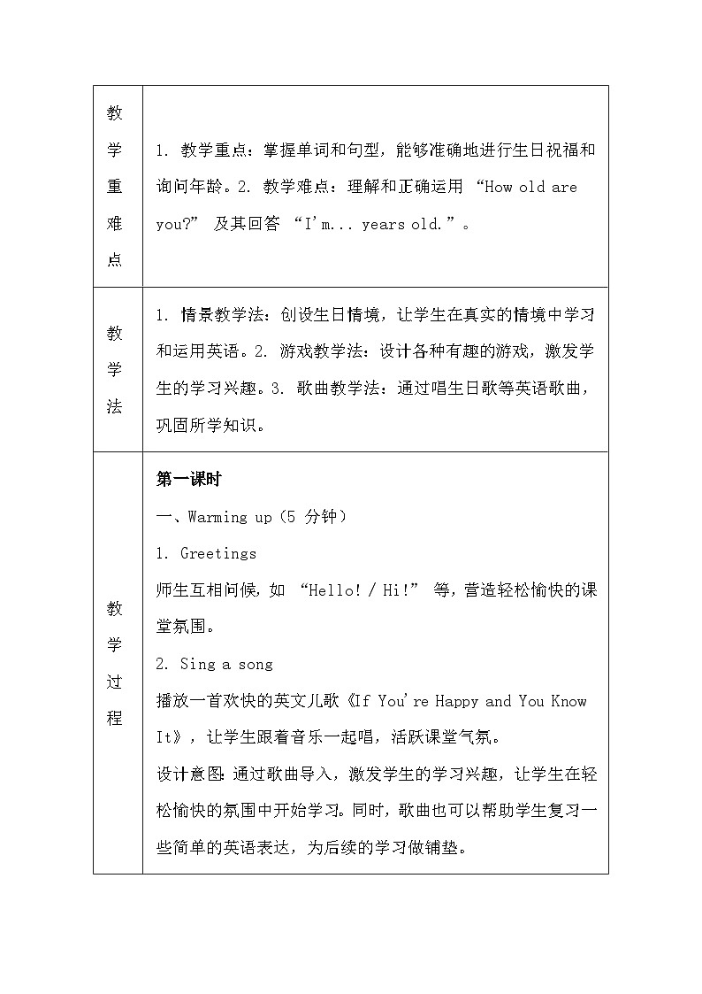 译林版（三起）（2024）三年级上册英语Unit 7 Happy Birthday!教案（表格式）第2页