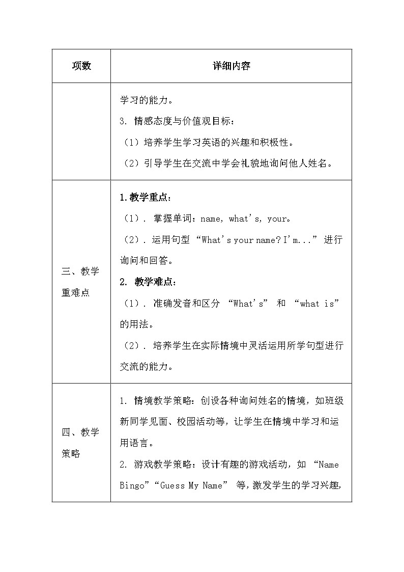 译林版（三起）（2024）三年级上册英语Unit 2 What's your name教学设计（表格式）第2页