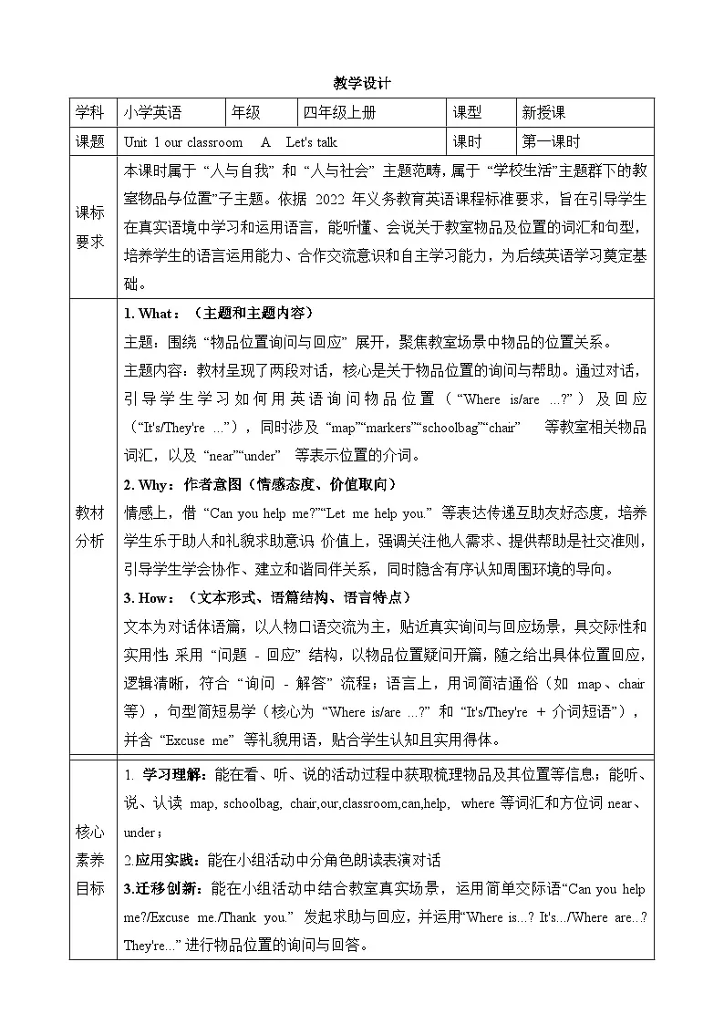 Unit 1 Our Classroom Lesson 1 Part A Let's talk 教学设计第1页