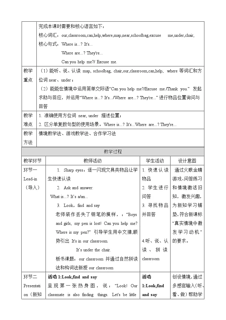 Unit 1 Our Classroom Lesson 1 Part A Let's talk 教学设计第2页