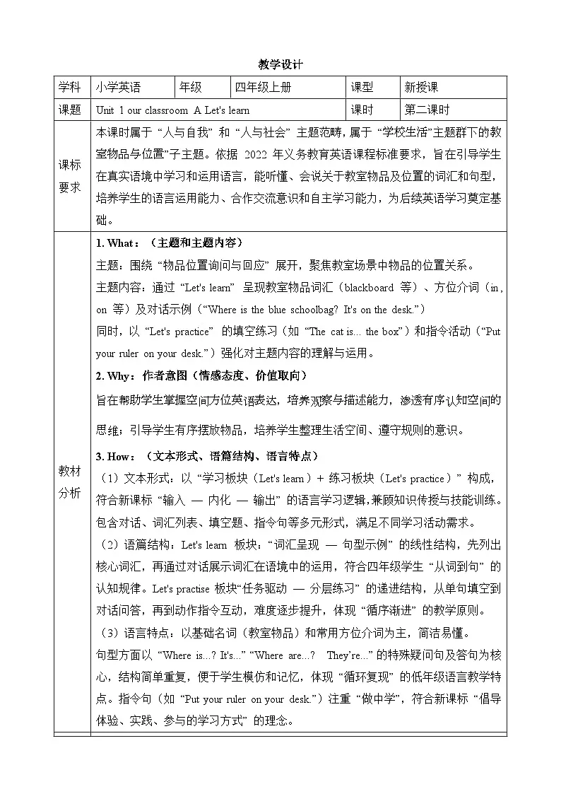 Unit 1 Our Classroom Lesson 2 Part A Let's learn 教学设计第1页