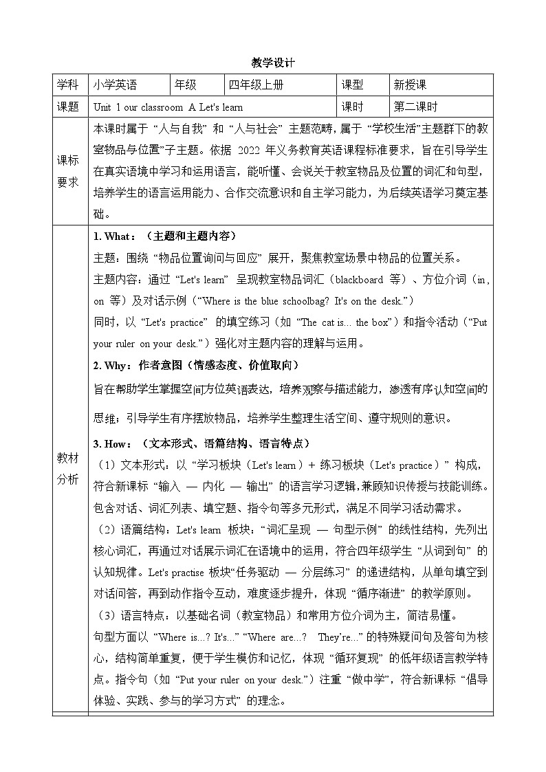Unit 1 Our Classroom Lesson 2 Part A Let's learn 教学设计第1页