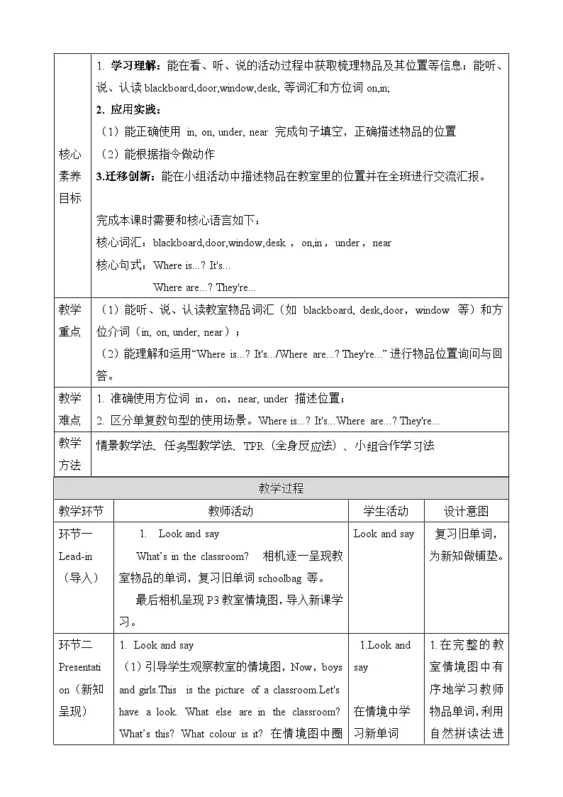 Unit 1 Our Classroom Lesson 2 Part A Let's learn 教学设计第2页