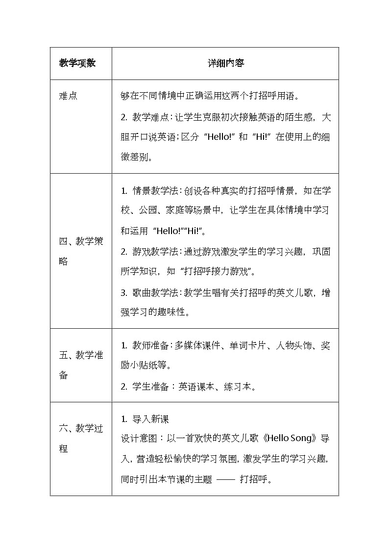 粤人版（2024）三年级上册英语Unit 1 《Lesson 1 Hello!》教案（表格式）第2页