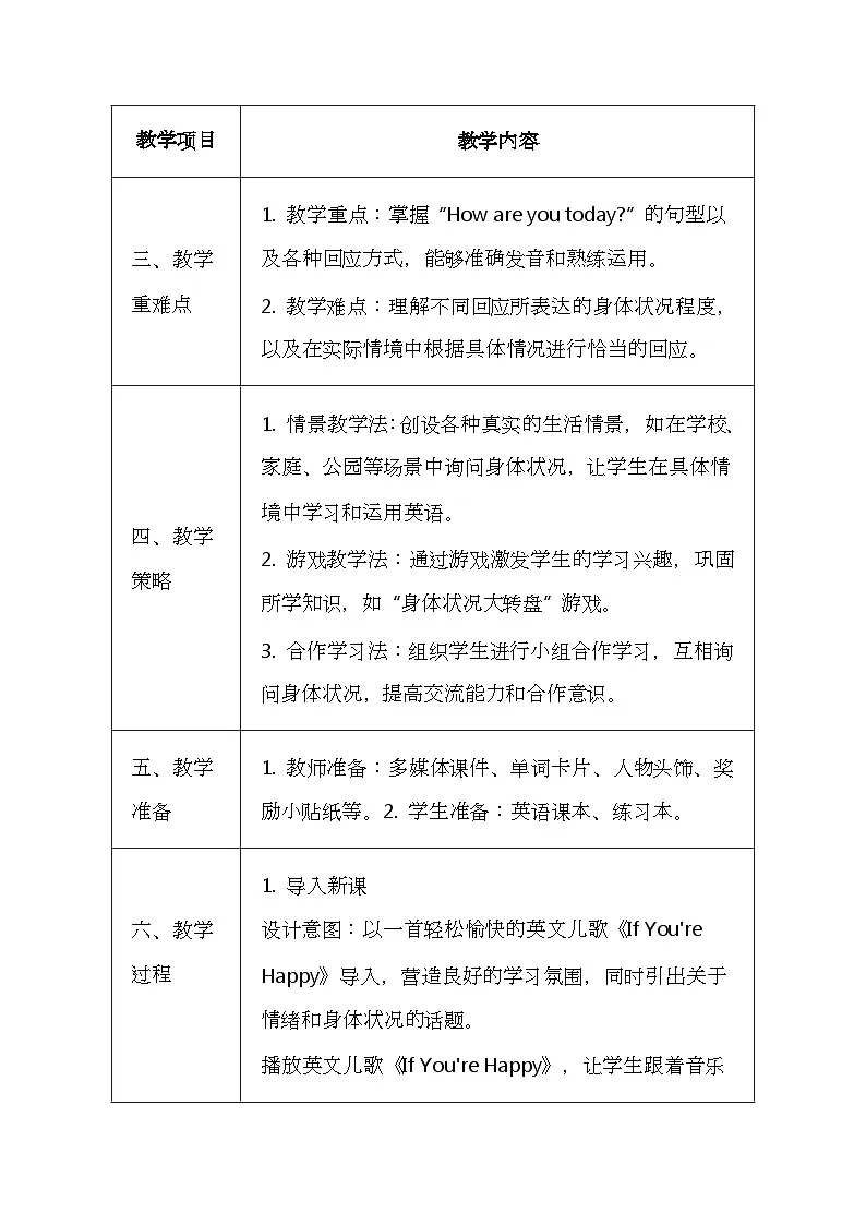 粤人版（2024）三年级上册英语Unit 1《Lesson 3 How are you today？》教案（表格式）第2页