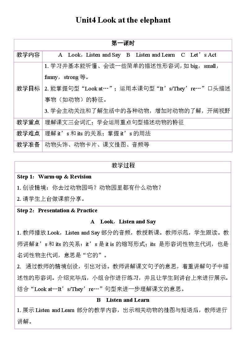 Unit4 Look at the elephant 教学设计 湘少版（三起）（2024）四年级英语上册第1页