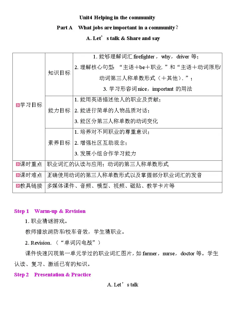 Unit 4 Helping in the community 教案 2025-2026学年度人教PEP英语四年级上册第1页